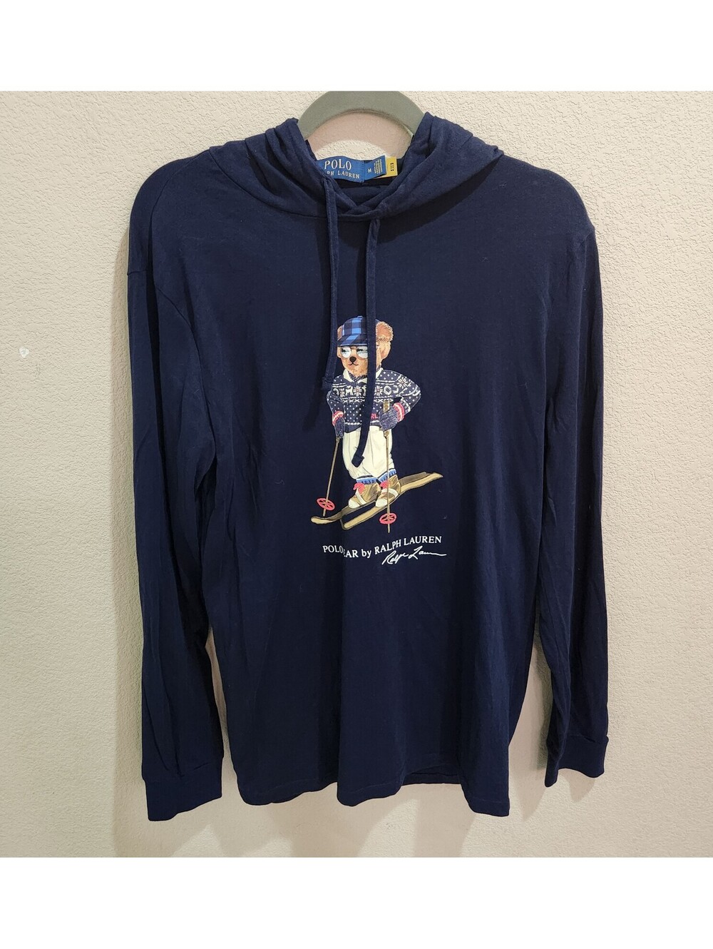 Polo Ralph Lauren Mens Navy Fair Isle Ski Bear Hoodie Pullover L/S Shirt Medium - Picture 9 of 10